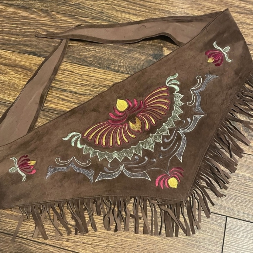 Embroidered Brown Fringe Belt